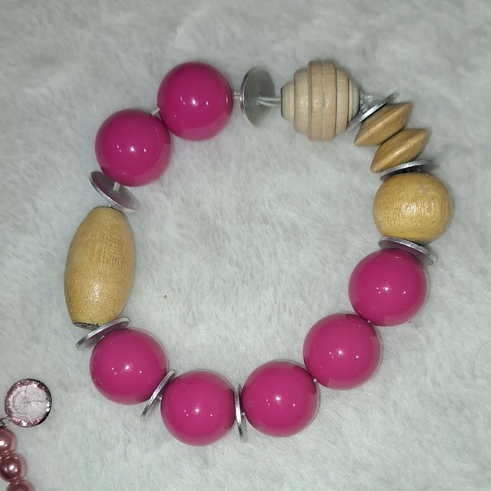 Pink and Silver Beaded Bracelet Set